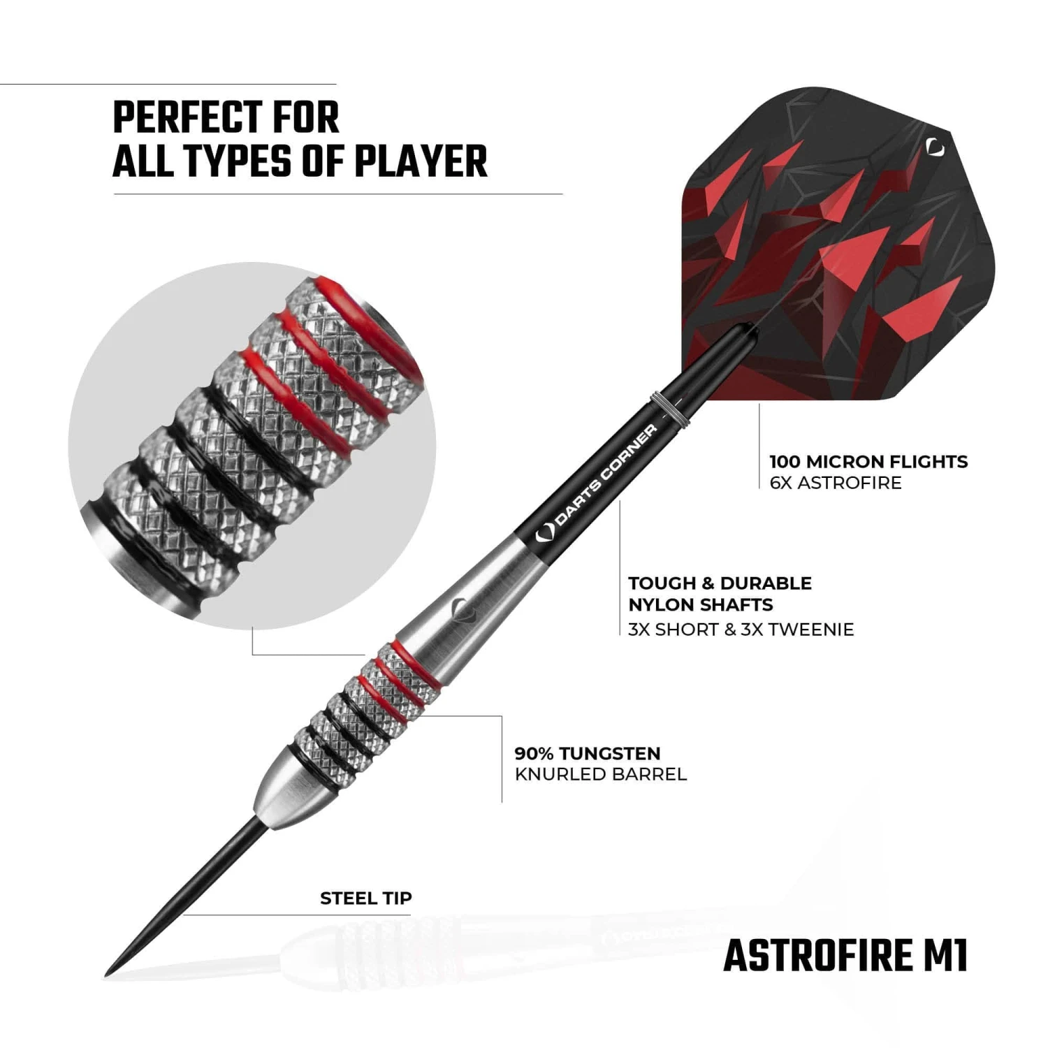Darts Corner Astrofire Darts - Steel Tip - Knurled - Black & Red - Image 3